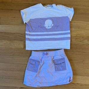 Moncler White and Purple Graphic Tee and Skirt Set